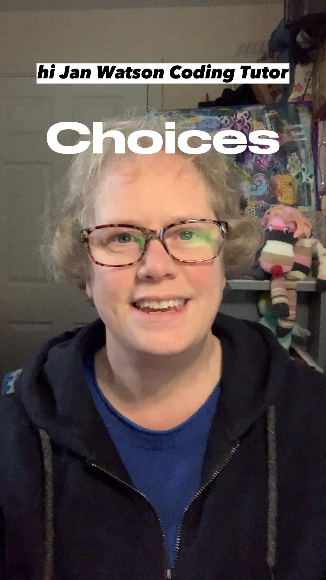 Image shows woman in glasses with the word choices above her head